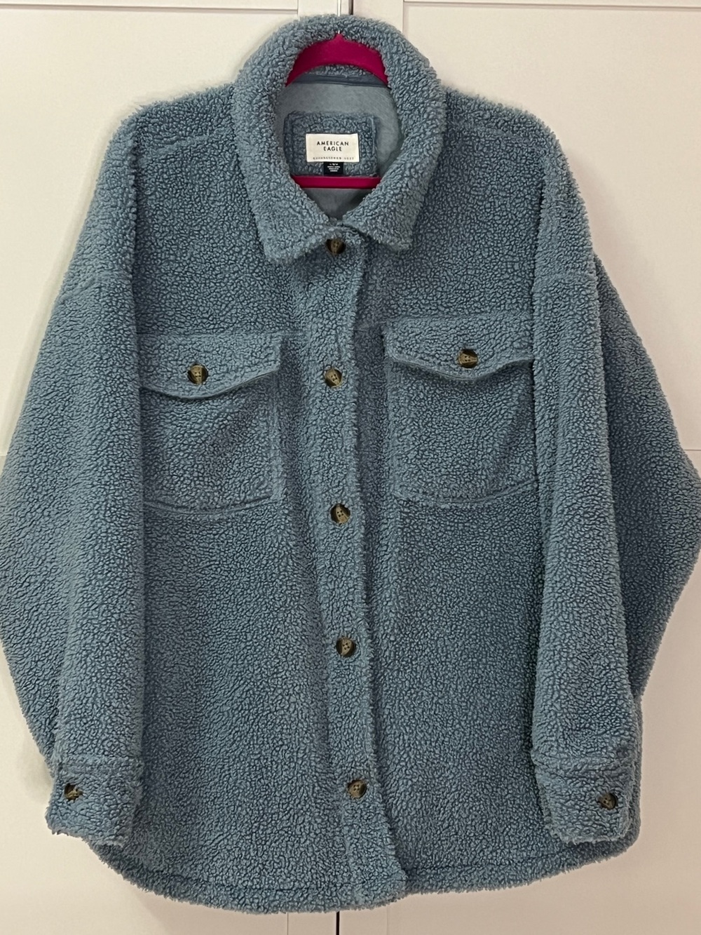 American Eagle Outfitters Dusty Blue Sherpa Button-Front Oversized Jacket
